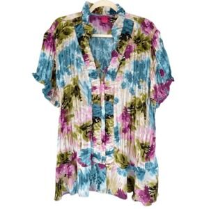 Sunny‎ Leigh Floral Print Ruffle Placket Top Blouse Lightweight 3X Watercolor